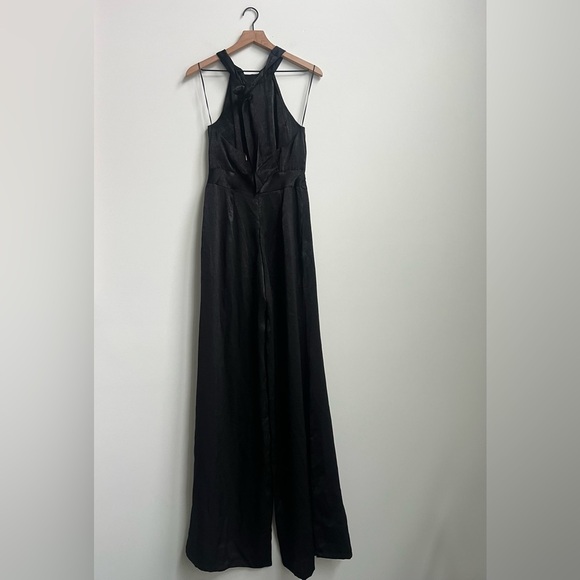 Misa Los Angeles Xandra Black Hammered Satin Wide Leg Halter Jumpsuit M Party - Picture 11 of 14